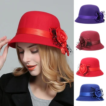 Elegantas Dāmas Oficiālu Fedora Katliņš Cepures Modes Vintage Sieviešu Cepure Imitācija Vilnas Ziedu Rudens Ziemas Saglabāt Siltu Kausa Klp