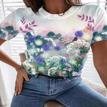 Plus Lieluma Sievietēm ir 3D Ziedu Īsām Piedurknēm T-Krekls Vasaras Harajuku Fashion Gadījuma Karstā Pārdošanas Zaudēt Apaļu Kakla Mīksto Dāmas Apģērbs